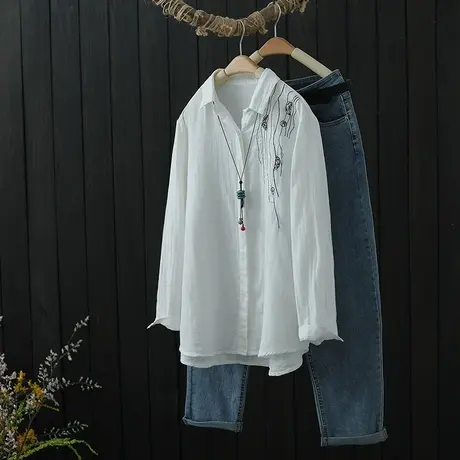 复古文艺刺绣白衬衫女双层棉纱衬衣春秋新款百搭长袖宽松打底上衣商品大图