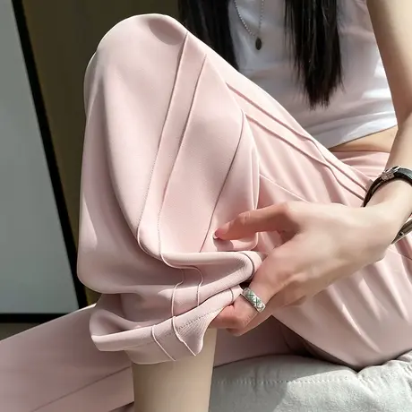 粉色阔腿裤女2024年春秋新款高腰垂感窄版宽松显瘦褶皱休闲西裤潮图片