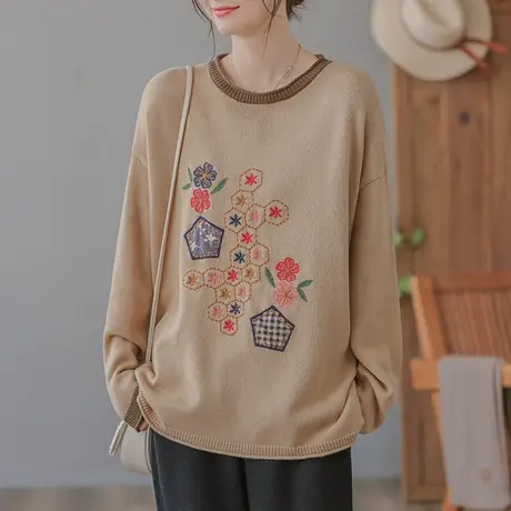 dza 复古套头绣花圆领毛衣女秋冬新款内搭上衣休闲宽松针织打底衫商品大图