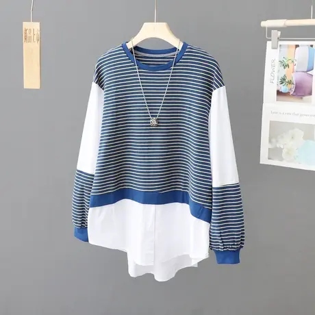 条纹拼接圆领t恤女长袖春装新款设计感小众假两件上衣打底衫女装图片