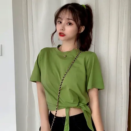 T恤女短袖夏装小个子纯色短款高腰修身露脐网红ins蹦迪超a上衣潮商品大图