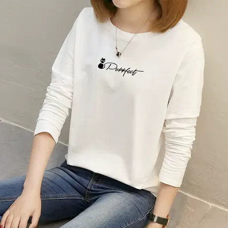 2022年新款春季女装印花t恤白色宽松纯棉长袖百搭上衣女打底衫潮商品大图