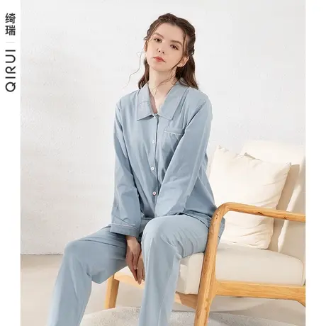 绮瑞2022年新品春秋女款纯棉开衫长袖女士秋冬莱卡棉素雅大码套装商品大图