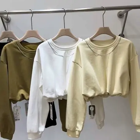 小众设计感短款收腰卫衣女春秋季百搭宽松显瘦圆领无帽上衣外套潮商品大图