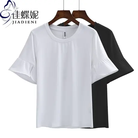 夏季明星同款宽松圆领短袖白色纯棉简约荷叶边T恤喇叭袖打底衫女商品大图