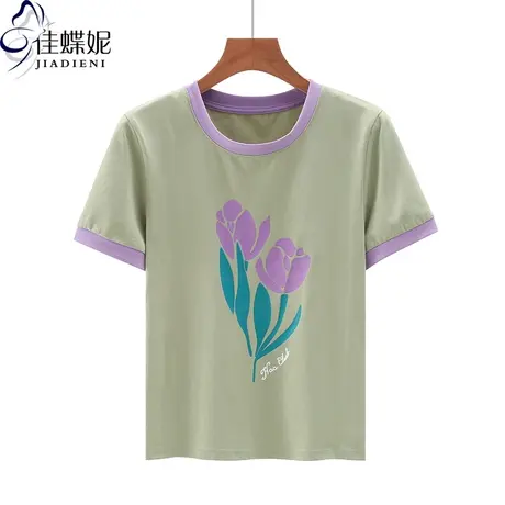 夏季新款韩版圆领拼色花卉印花纯棉修身短袖体恤上衣内搭女打底衫商品大图