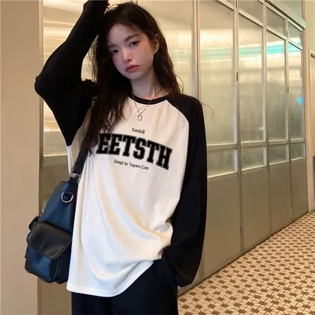 大码胖mm长袖t恤女早秋韩风插肩袖上衣ins潮牌遮肚纯棉内搭打底衫商品大图