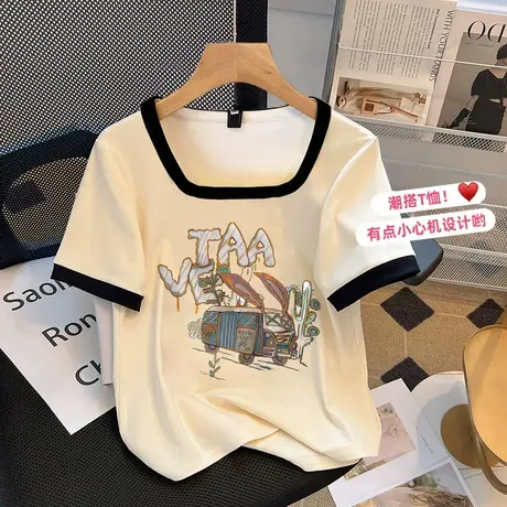 夏季微胖chic风穿搭上衣大码方领显瘦休闲短款正肩ins潮短袖T恤女商品大图