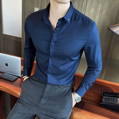 气质藏青色暗扣设计衬衫男长袖潮流轻奢质感修身痞帅免烫垂滑寸衣商品大图
