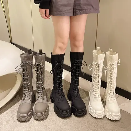 长靴女粗腿不过膝高筒针织弹力袜靴2024年新款秋季显瘦厚底长筒靴图片