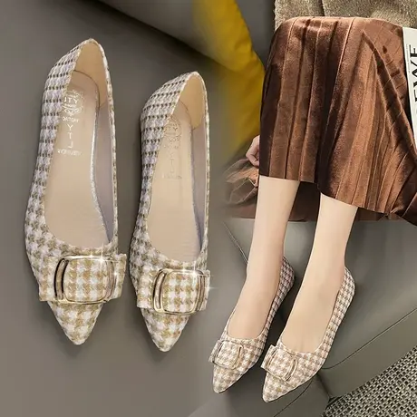 2023春季新款平底低跟平跟浅口女单鞋尖头蝴蝶结甜美格纹通勤女鞋商品大图
