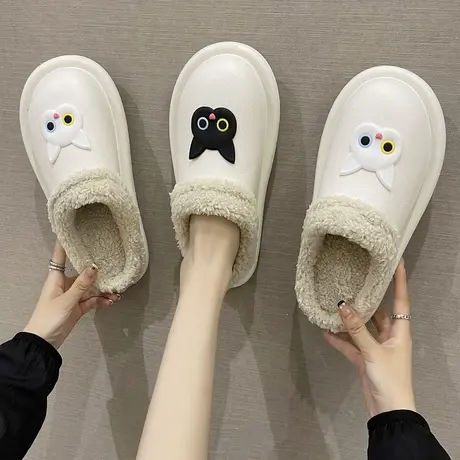 可爱猫咪棉拖鞋女冬季防水家居室内外穿厚底防滑保暖月子毛绒拖鞋商品大图