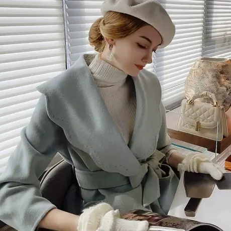 粉红大布娃娃新款气质双面呢花瓣领中长大衣女高雅毛呢外套秋冬图片