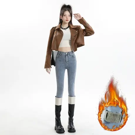 浅蓝高腰加绒牛仔裤女秋冬2023新款显瘦铅笔小个子弹力紧身小脚裤图片