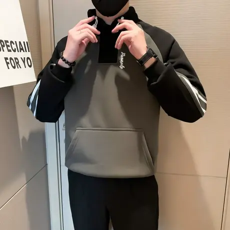 半高领加绒卫衣男秋冬季2023新款设计感撞色休闲加厚套头打底上衣商品大图