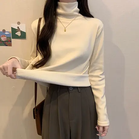加绒加厚保暖高领长袖T恤女冬季修身打底衫韩版洋气内搭德绒上衣商品大图