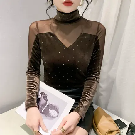 欧货时尚半高领网纱丝绒拼接重工烫钻长袖女修身T恤打底衫上衣ins商品大图