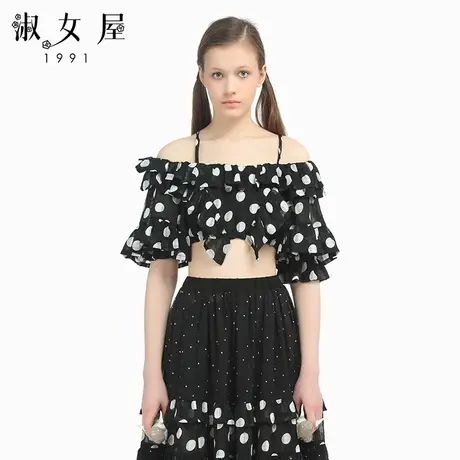 淑女屋夏季新款黑底白圆点一字肩领荷叶边超短上衣图片