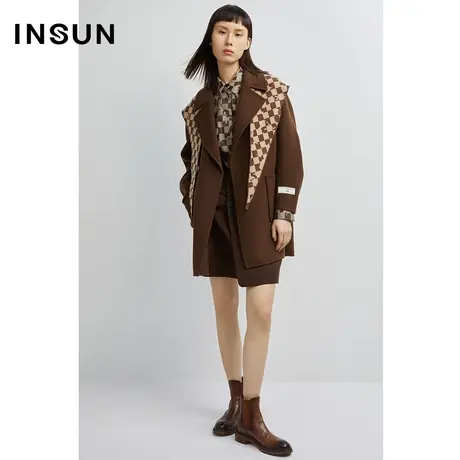 INSUN恩裳冬季可拆卸棋盘格披肩羊毛毛呢外套商品大图