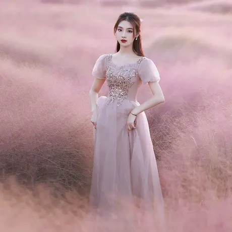 晚礼服裙女宴会气质2023新款粉色蓬蓬裙年会主持人高级感声乐艺考图片