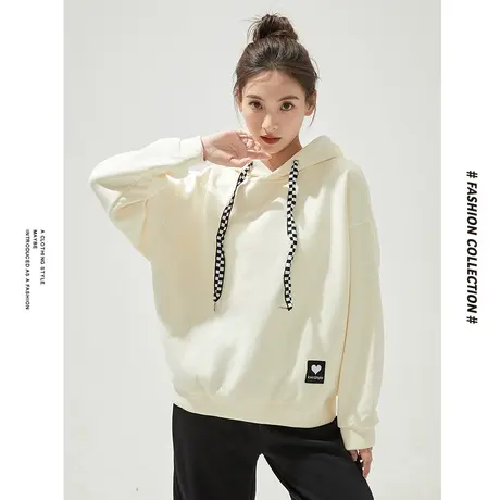 【商场同款】唐狮春季新款卫衣女时尚日常棋盘格帽绳连帽图案上衣图片
