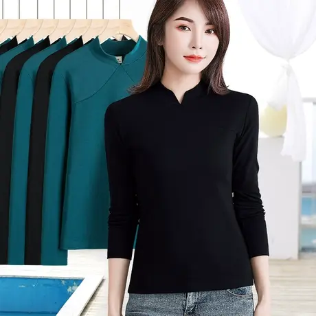 罗纹立领打底衫女春季内搭新款修身黑色设计感长袖t恤可外穿上衣图片