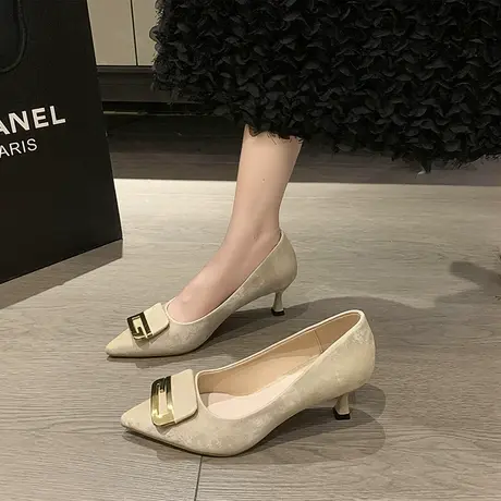 法式高跟鞋女2024年尖头复古白色单鞋气质浅口细跟通勤配裙子女鞋商品大图