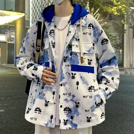 港风外套男春秋款假两件连帽夹克男潮牌青少年渐变色印花工装上衣商品大图