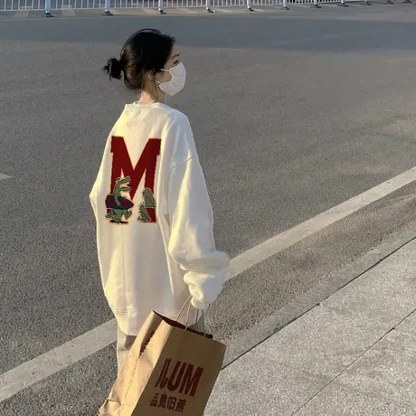 oversize设计感印花圆领卫衣女春秋季薄款ins潮牌宽松慵懒风上衣商品大图