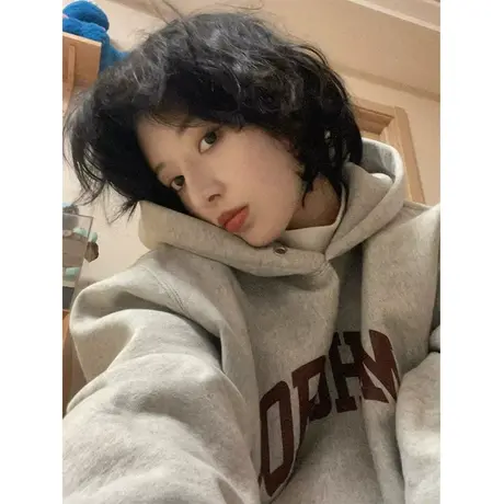 美式复古连帽卫衣女2024新款秋冬加绒加厚宽松韩系慵懒风上衣外套图片