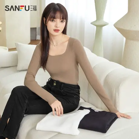 直播秒杀三福打底衫2024新款秋冬季方领毛衣气质修身黑色内搭针织图片