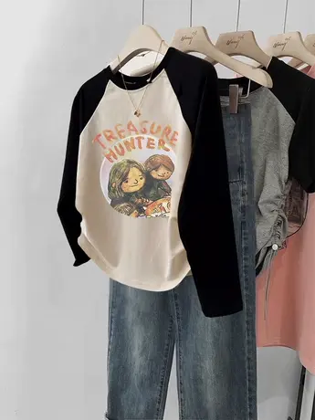 胖mm长袖T恤女2024春季新款独特别致打底衫ins潮大码插肩撞色上衣商品大图