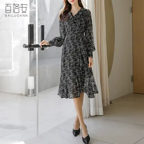 百洛安法式V领荷叶边拼接印花连衣裙女春装新款高腰显瘦a字长裙子图片