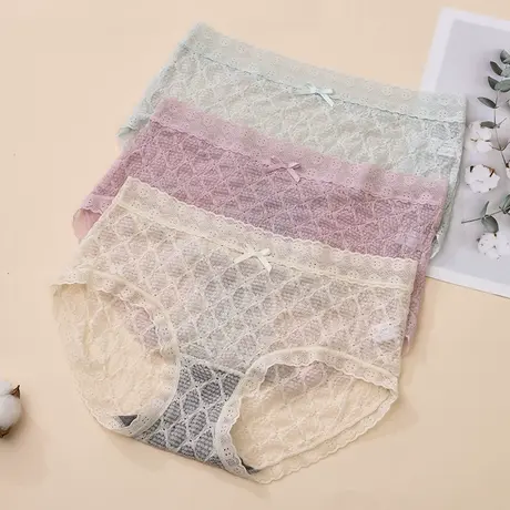正品彩田冰丝蕾丝内裤女中腰新品性感底裆抗菌镂空透明三角短裤裤图片
