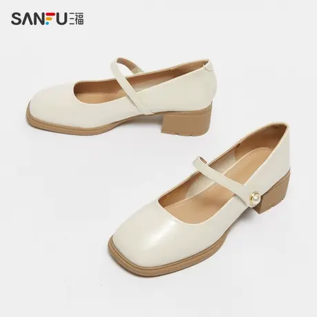 直播秒杀三福玛丽珍鞋女2023时尚气质珍珠系带亮面圆头粗跟增高单商品大图