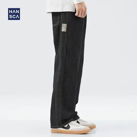 hansca黑色牛仔裤男秋冬季直筒宽松复古水洗垂坠感阔腿休闲长裤子商品大图