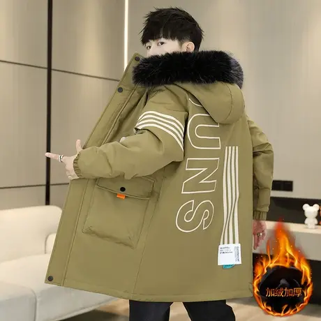2023冬季新款男士加绒连帽棉衣中长款派克服加厚棉衣男装外套棉袄图片