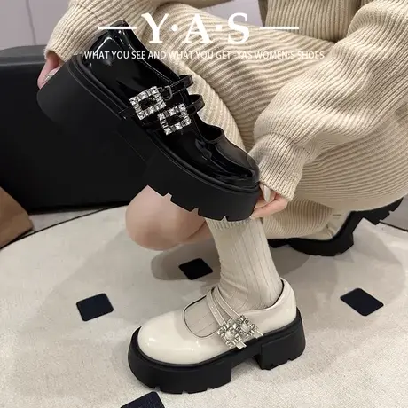 气质玛丽珍小皮鞋女2024年春季新款水钻高级感粗跟高跟配裙子单鞋商品大图