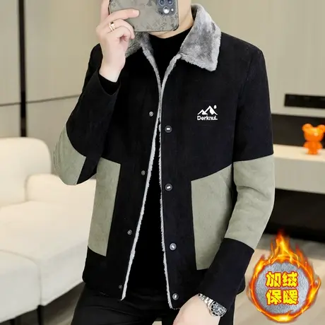 冬季潮流拼色外套男士翻毛领夹克加绒褂子休闲保暖加厚呢子上衣服商品大图