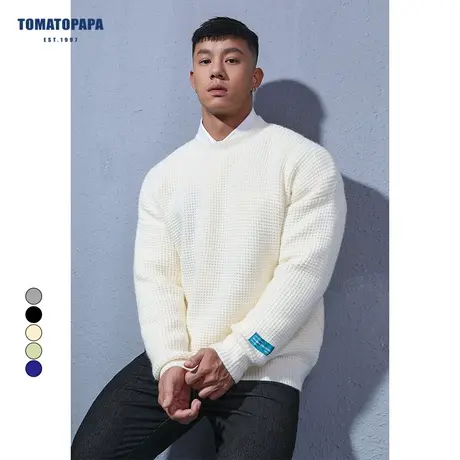 TOMATOPAPA秋季原创长袖落肩针织衫简约纯色保暖毛衣外穿男士上衣图片