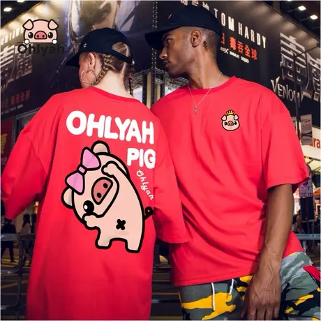 Ohlyah品牌 小猪米罗 全棉面料 宽松潮印花情侣装短袖t恤男女半袖商品大图