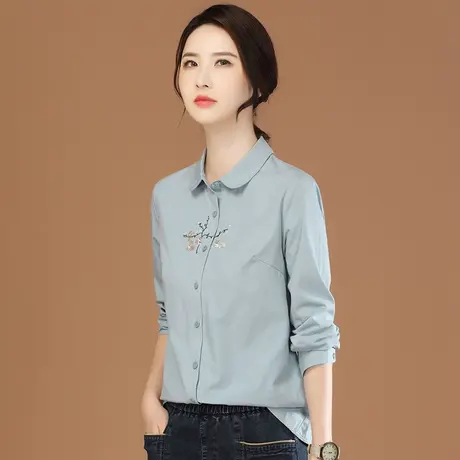 韩潮袭人纯色刺绣长袖衬衫女2023秋季新款显瘦设计感小众衬衣上衣商品大图