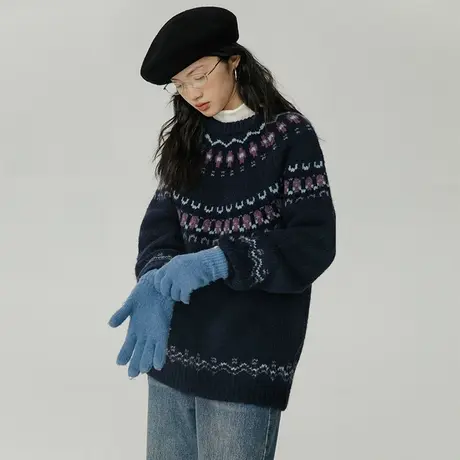 omont蛋挞家 羊毛费尔岛毛衣女秋冬2023新款粗针氛围感套头毛衣商品大图
