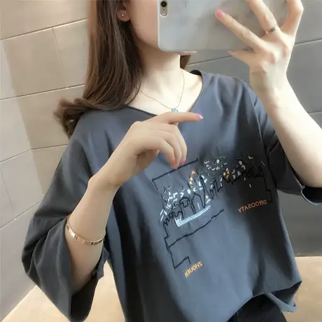 白色短袖T恤女2023夏季新款文艺印花半袖衫韩版宽松刺绣减龄体恤图片