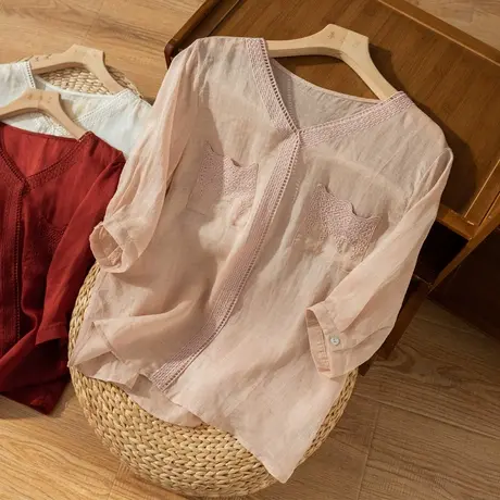 七分袖苎麻小衫女刺绣宽松文艺复古棉麻上衣女高级感2022夏季新款图片