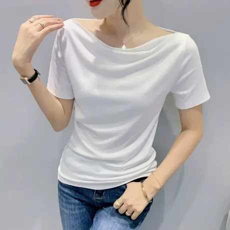 一字肩女装ins欧货时尚白色T恤短袖潮流洋气百搭性感上衣修身小衫商品大图