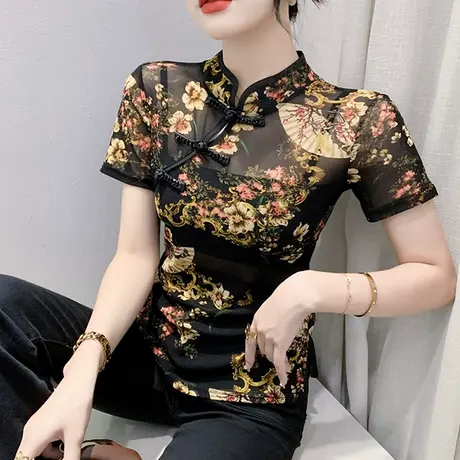 复古国风盘扣T恤女短袖性感网纱小衫气质立领上衣夏装修身半袖潮商品大图