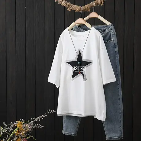 印花全棉短袖t恤女宽松大码夏季2023新款休闲百搭上衣半袖体恤衫图片