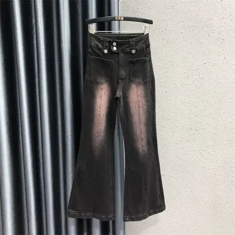 时尚港风复古双口袋设计感牛仔裤女秋2023新款显瘦减龄弹力微喇裤商品大图