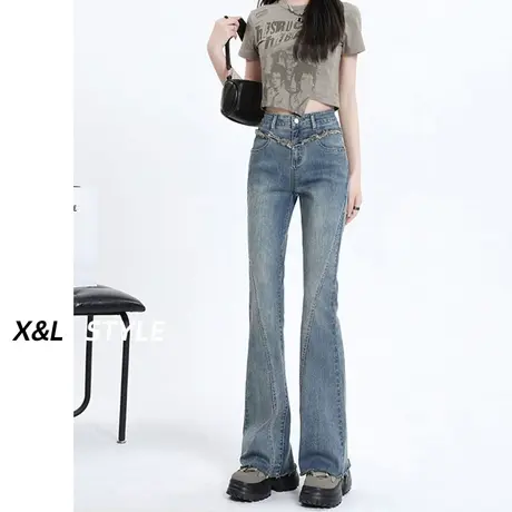 复古毛边高腰微喇牛仔裤女春秋2023年新款显瘦设计感小众喇叭裤子图片